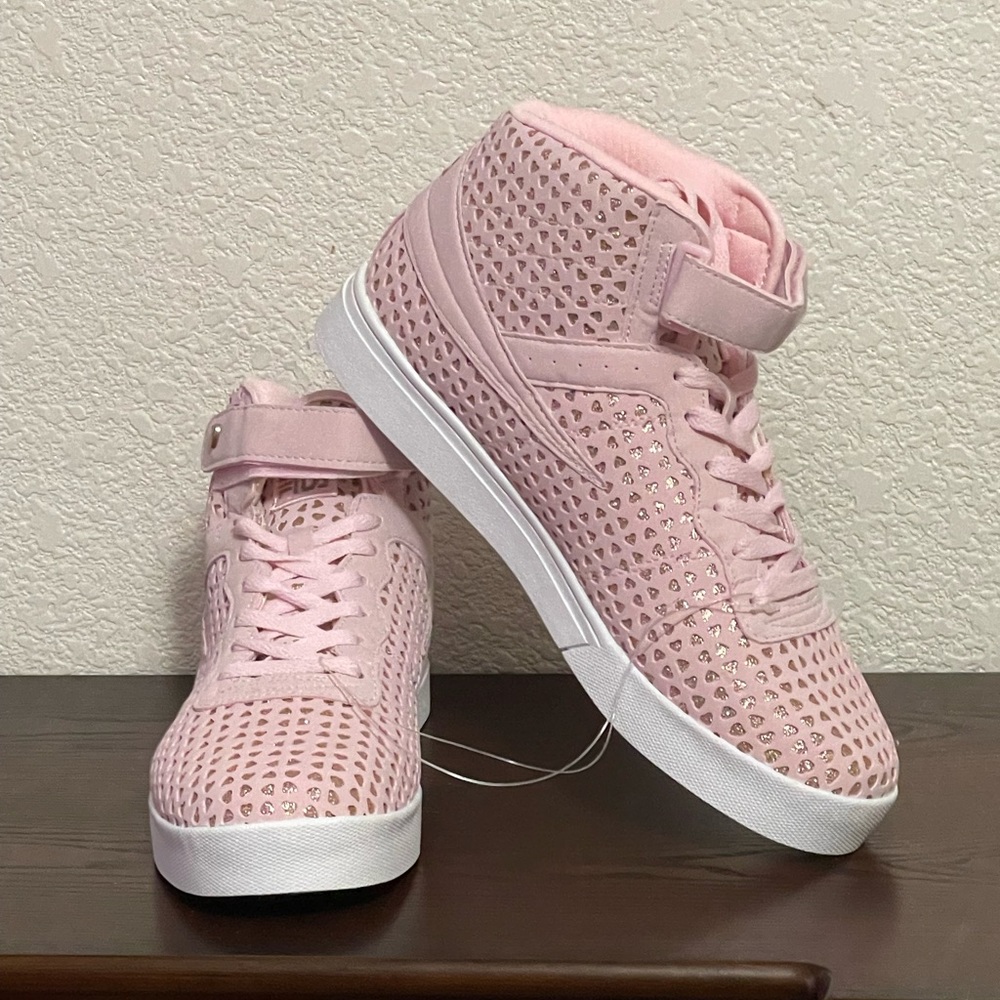 Fila women’s pink/gold Vulc 13 big hearts Limited Edition leather high top
